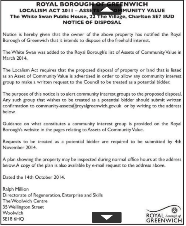 White Swan disposal notice in Greenwich Time