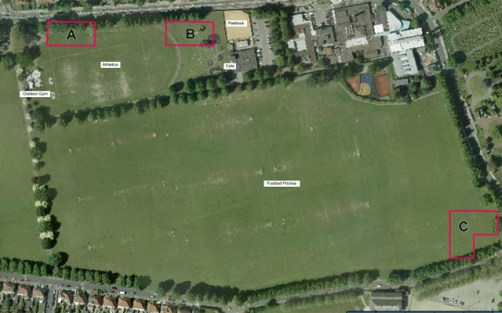 The Charlton skate park options - A, close to the mini-gym; B, across the other side of the old athletics track; C. away from homes by Charlton Park Lane