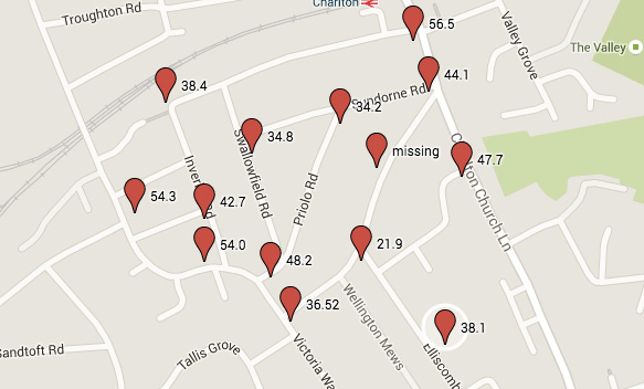 Charlton Central Residents' Association's figures over a limited area from February 2015. The EU limit is 40, although anything in the 30s isn't great either, frankly.