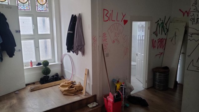 Graffiti-strewn White Swan interior