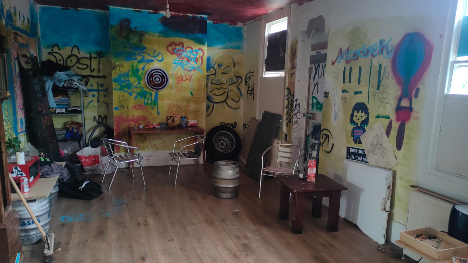 Graffiti-strewn White Swan interior