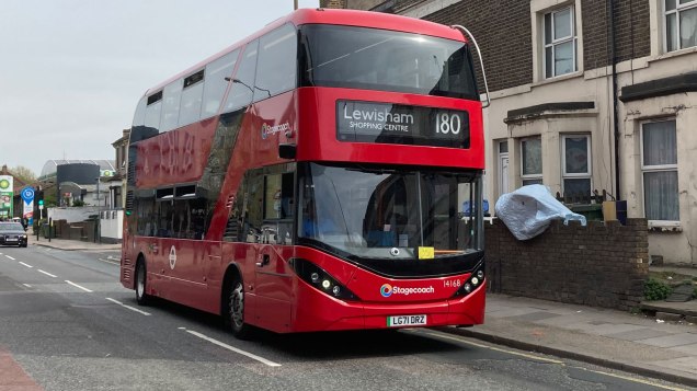 Route 180 bus displaying its destination as Lewisham
